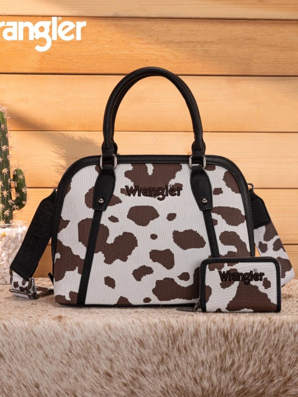 Wrangler Cow Print Satchel/Crossbody Wallet Set Black